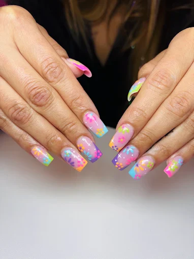 Colourful confetti square nails in bright pastel shades by Top 10 Nails Spa
