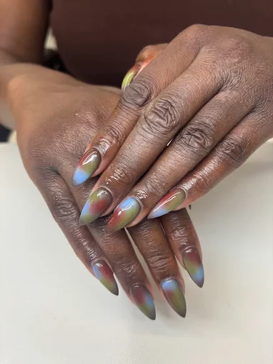 Soft multicolour aura almond nails by Top 10 Nails Spa
