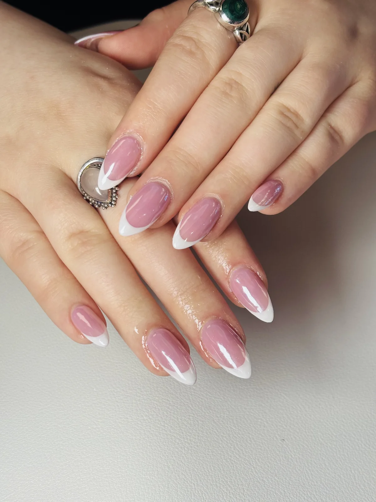 Pearl blush nails with white wave details by Top Ten Nails Spa