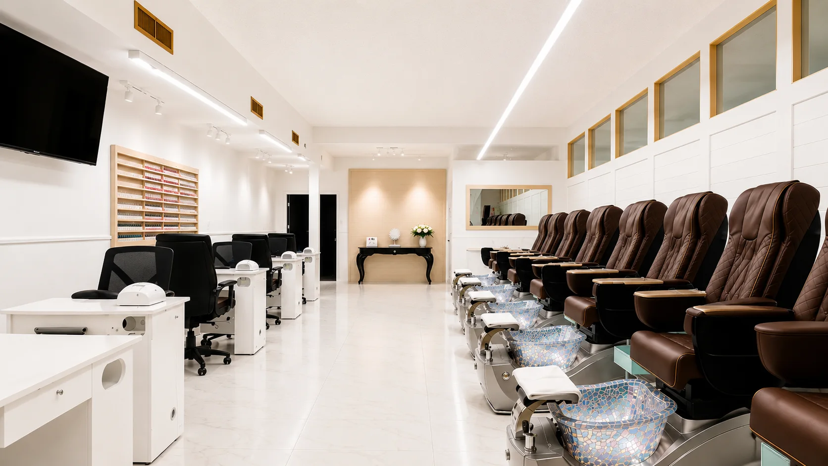 Wide view through Top 10 Nails Spa showing active manicure and pedicure stations