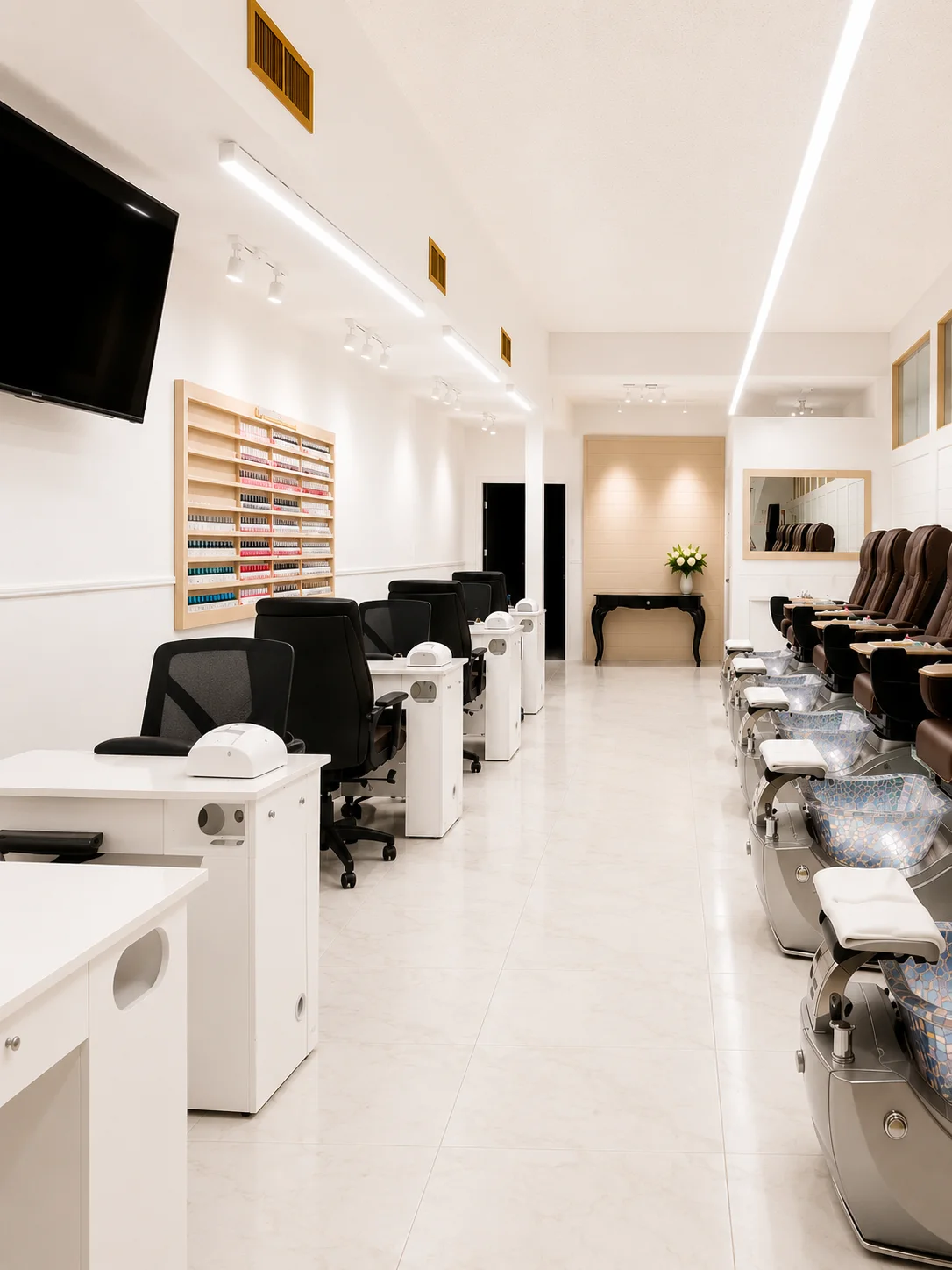 Portrait view of the bright manicure floor and pedicure stations at Top 10 Nails Spa