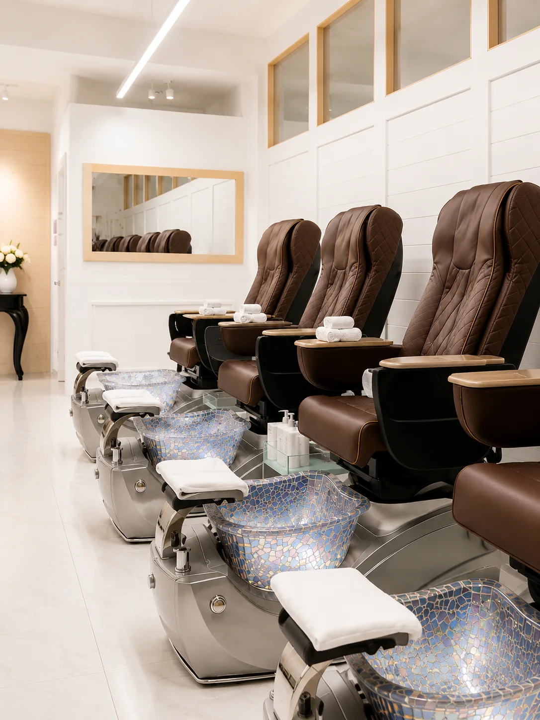 Clients chatting while technicians provide clean pedicure services at Top 10 Nails Spa